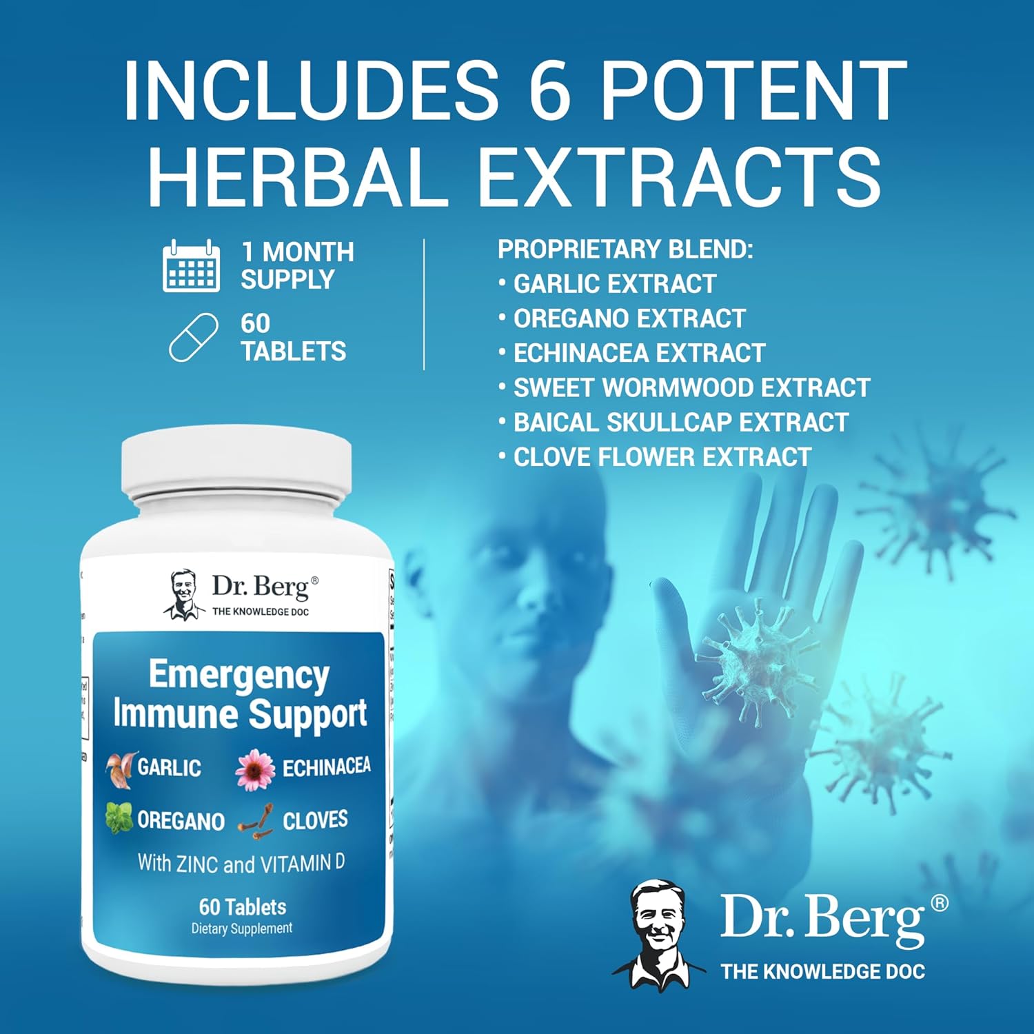 Dr. Berg Emergency Immune Support w/Echinacea - Potent Blend of Herbal Extracts (Warning: Strong Herbal Smells) - Immune Support Supplement includes 2,000 IUs of Vitamin D & 10mg of Zinc - 60 Tablets : Health & Household