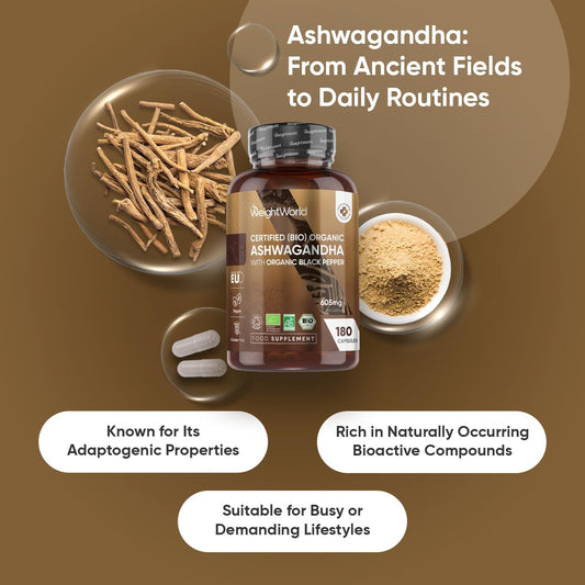 Organic Ashwagandha Capsules - 180 Capsules (6 Months Supply) - With Organic Black Pepper - 1 Per Day - Soil Association Certified Ashwagandha Supplement - Non-Gmo, Vegan-Friendly & Additive-Free