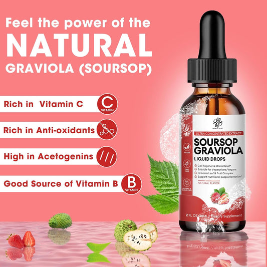Soursop Graviola Liquid Drop, Soursop Bitters Liquid, Natural Soursop Leaves & Fruit Complex For Overall Wellness, Sugar/Caffeine/Gluten Free, Strawberry Flavor, 2 Fl Oz