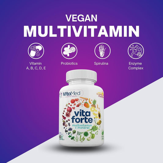 Vita Forte Vegan Multivitamin With Probiotics, Digestive Enzymes & 42 Fruits & Vegetables – Halal Certified, Non-Gmo, Gluten-Free, Daily Energy & Immune Support – 180 Vegan Tablets