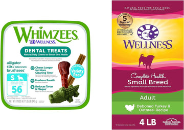 Whimzees Wellness Complete Health Small Breed Dry Dog Food, Turkey, Oatmeal & Salmon Meal, 4 Pound Bag Dental Chew Variety Container, Small, 56 Count