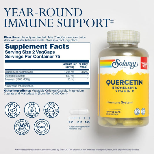 SOLARAY Quercetin Bromelain & Vitamin C, Immune System, Sinus, Respiratory & Antioxidant Activity Support, Vegan, 500mg of Quercetin & 1,235mg of VIT C, 60 Day Guarantee, 75 Servings, 150 VegCaps