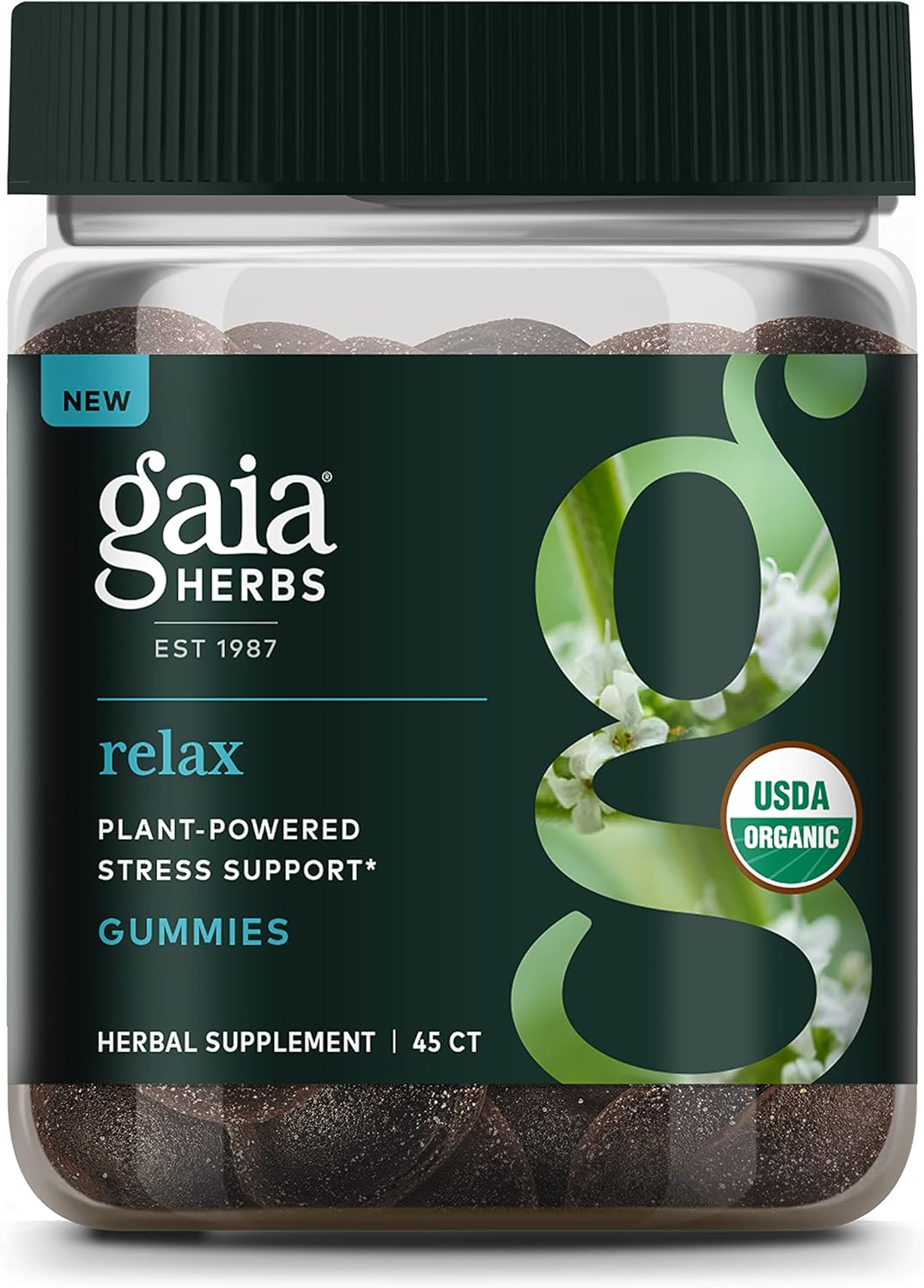 Gaia Herbs Organic Relax Gummies, Stress Relief, Anti-Stress Support, Holy Basil, Lemon Balm, Passionower, USDA Certified Organic, Non-GMO, Gluten Free, Vegan, 45 Count (Pack of 1)