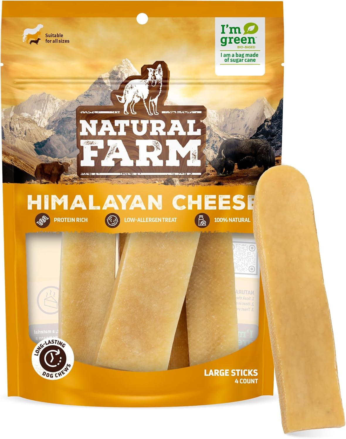 Natural Farm Himalayan Yak Cheese, Protein-Rich, Low-Allergen, Lactose-Free, Gluten-Free, 100% Natural - Large, 4 Pack