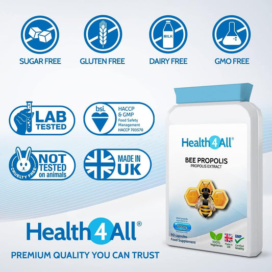 Health4All Bee Propolis 1000Mg Per Capsule 90 Capsules, High Strength Immune System Booster, Natural Immune Support Supplement (Not Tablets) | Made In Uk