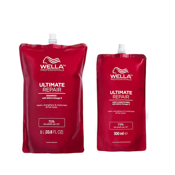 Wella Professionals Ultimate Repair Shampoo, Lightweight Cream Shampoo For Damaged Hair, 1L Pouch + Ultimate Repair Conditioner, Deep Nourishing Conditioner For Damaged Hair, Refill Pouches