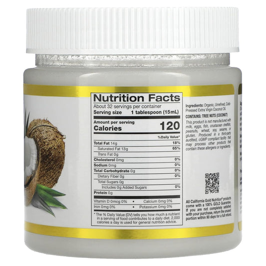 Organic Extra Virgin Coconut Oil By California Gold Nutrition - Use As Cooking Oil Or Butter Substitute - Use Externally On Hair & Skin - Vegan Friendly - Gluten Free, Non-Gmo - 16 Fl Oz (473 Ml)