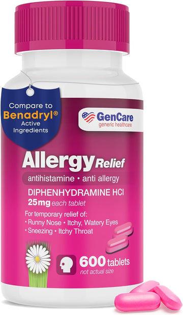 Gencare Allergy Relief Medicine – Bulk Value 1000 Count Diphenhydramine 25Mg – Antihistamines For Adults For Congestion, Sneezing, Runny Nose, Itchy Eyes & Throat – Pink