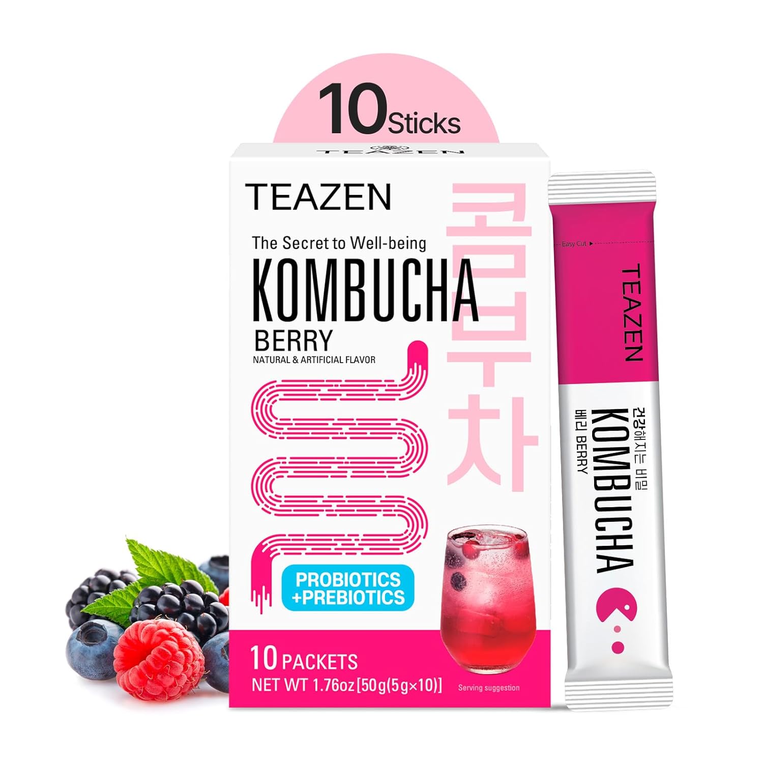 Teazen Berry Kombucha Tea, Hydration Drink Mix, Sugar Free, Live Probiotics & Prebiotics, 10 Sticks, 1.76Oz