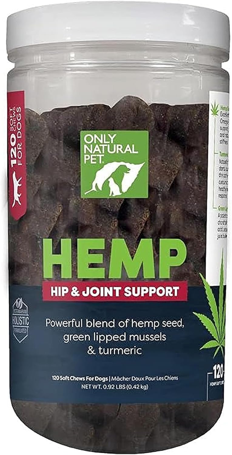 Only Natural Pet Hemp Hip & Joint Support for Dogs - Supplement for Mobility Wellness Pain Relief Healthy Inflammatory & Bone Stiffness - Chews w/Fatty Acid Blend Mussels & Turmeric - 120 Count