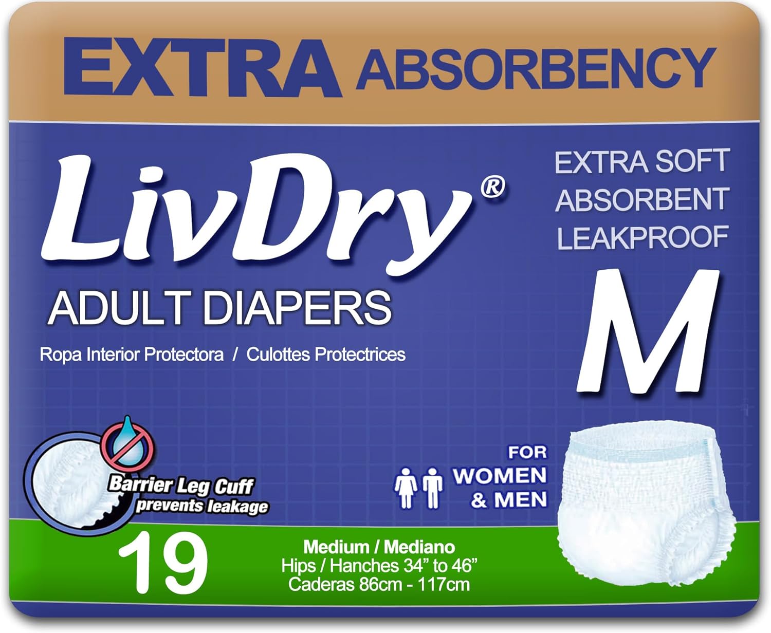 LivDry Adult Incontinence Underwear, Extra Absorbency Adult Diapers, Leak Protection, Medium, 19-Pack