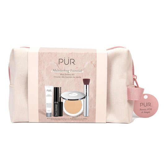 Pür Multitasking Essentials Best Sellers Kit - Makeup Gift Set Includes 4-In-1 Correcting Primer, Fully Charged Mascara, 4-In-1 Pressed Mineral Powder & 1 Chisel Brush