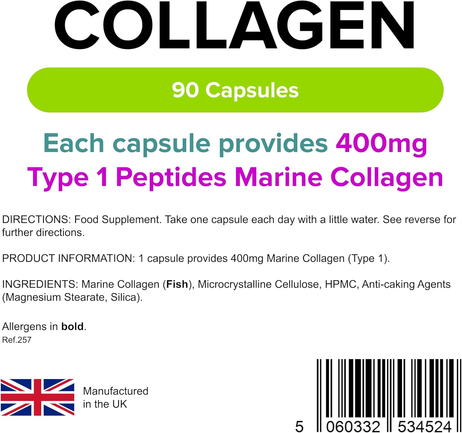 Lindens - Collagen 400mg - 90 Capsules - One-A-Day - UK Made - Marine Source Hydrolysed Collagen - Supports Bones, Cartilage, Ligaments, Tendons and Connective Tissues - Letterbox Friendly : Amazon.co.uk: Health & Personal Care