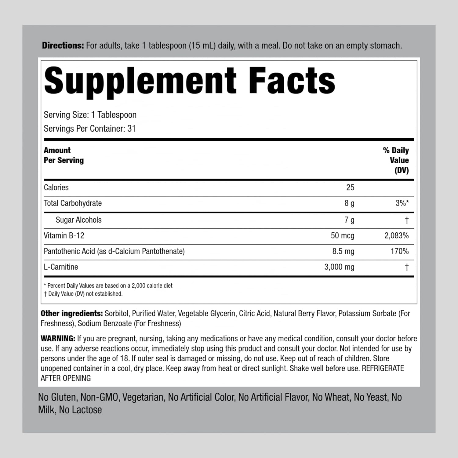 Piping Rock L-Carnitine Liquid | 3000mg | Berry Flavor | Advanced Athlete Formula | Refuel Series Supplement | Non GMO, Gluten Free : Health & Household