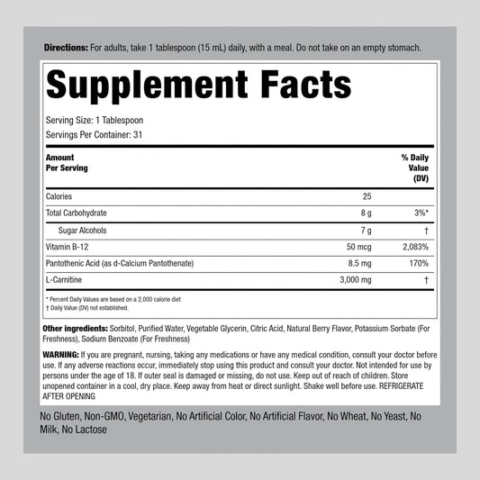 Piping Rock L-Carnitine Liquid | 3000mg | Berry Flavor | Advanced Athlete Formula | Refuel Series Supplement | Non GMO, Gluten Free : Health & Household