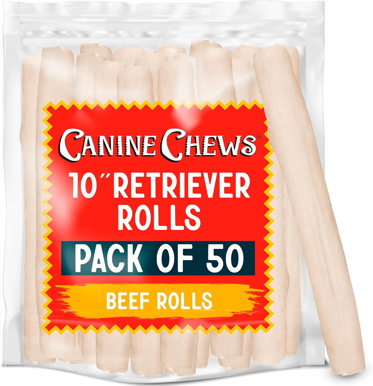 Canine Chews 10" Dog Rawhide Retriever Rolls - Rawhide Bones for Large Dogs (50 pk) - Natural Beef Dog Rawhide Chews - Single Ingredient Dog Rawhide Bones - Large Rawhide Bones for Dogs Dental Chew