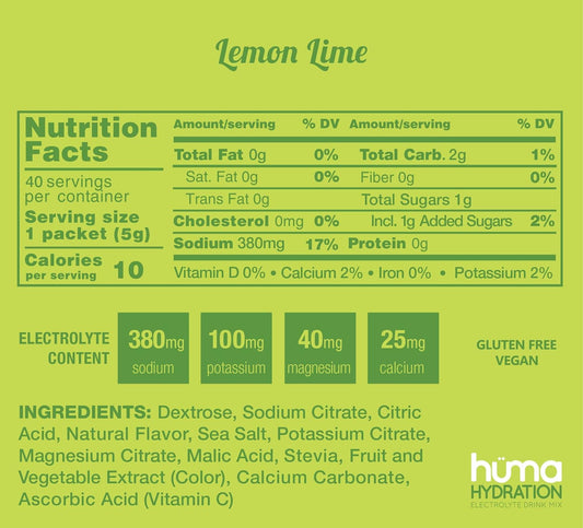 HUMA CHIA Hydration Drink Mix, Lemon Lime 15 Packets - Low Calorie, Hi
