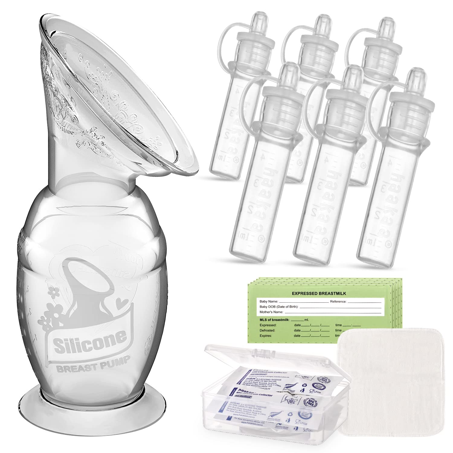 haakaa Manual Breast Pump 5oz/150ml & Silicone Colostrum Collector Kit Ready-to-Use Pack (0.1oz/4ml, 6pcs)