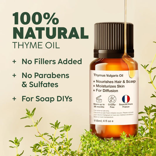 Kukka Thyme Essential Oil - 100% Pure Natural Thyme Oil For Hair, Skin, Diffuser, Diy & Soap Making - Premium Quality Thyme Oil Essential Oil, Fresh Herbaceous Scent (0.34 Fl Oz)