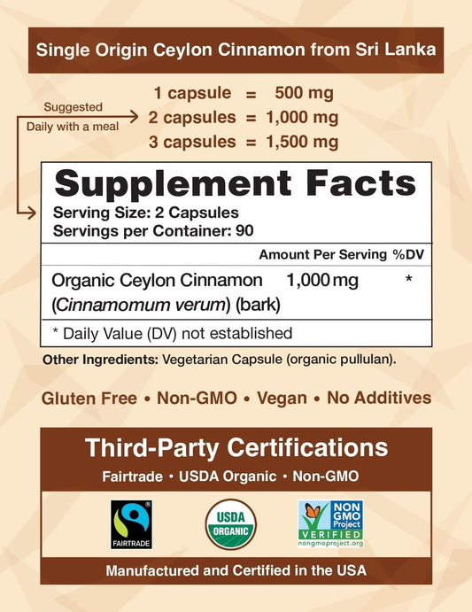 Organic Ceylon Cinnamon (100% Certified) Supplement, 180 Capsules, 3 Month Supply