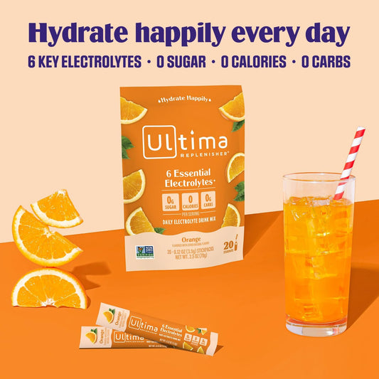 Ultima Replenisher Electrolyte Drink Mix Bundle – Orange, 30 Serving Canister & 20 Stickpacks – 6 Electrolytes & Minerals – Keto Friendly, Vegan, Non-Gmo & Sugar-Free Electrolyte Powder