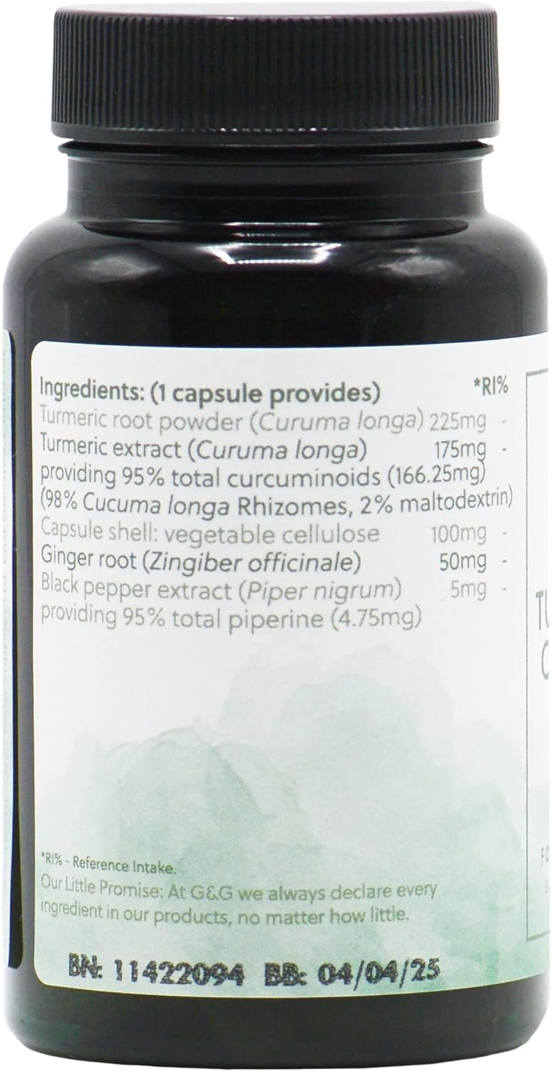 Turmeric & Curcumin 500mg - 95% Curcuminoids - High Strength with Black Pepper for Enchanced Absorption - 60 Vegan Capsules - Natural Anti-Inflammatory - UK-Made - No Additives - G&G Vitamins : Amazon.co.uk: Health & Personal Care