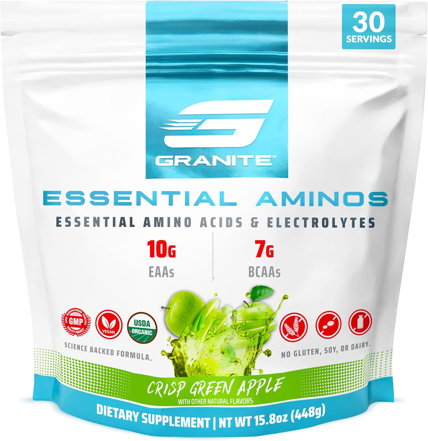 Granite 10G Essential Amino Acids Powder (30 Servings) Muscle Recovery Supplement For Muscle Growth - 7G Bcaa Powder With Electrolytes, Soy And Gluten-Free, Made In Usa, Green Apple Flavor