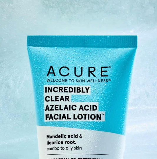 Acure Incredibly Clear Azelaic Acid Facial Lotion - Gentle Exfoliation For Skin Balance, Even Tone & Glowing - Mandelic Acid, Licorice Root Infused, 100% Vegan - Combo To Dry Or Oily Skin - 1.7 Fl Oz