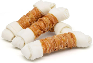 Mon2Sun Dog Treats 6.5" Rawhide Bones Chicken Wrapped Knotted Bones Dog Chews, Long Lasting Beefhide Treats For Medium And Large Dogs, Dental Health And Teeth Cleaning