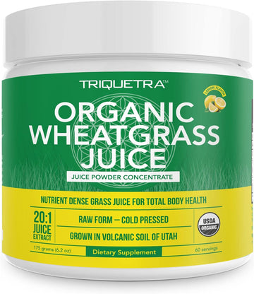 Organic Wheatgrass Juice Powder - Organically Grown in Volcanic Soil of Utah - Raw & BioActive Form, Cold-Pressed Then CO2 Dried, 20:1 Super Concentrate - Lemon (6.2 oz - 60 Servings)