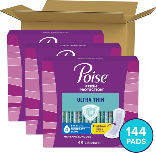 Poise Ultra Thin Incontinence Pads & Postpartum Incontinence Pads, 4 Drop Moderate Absorbency, Long Length, 144 Count (3 Packs Of 48), Packaging May Vary