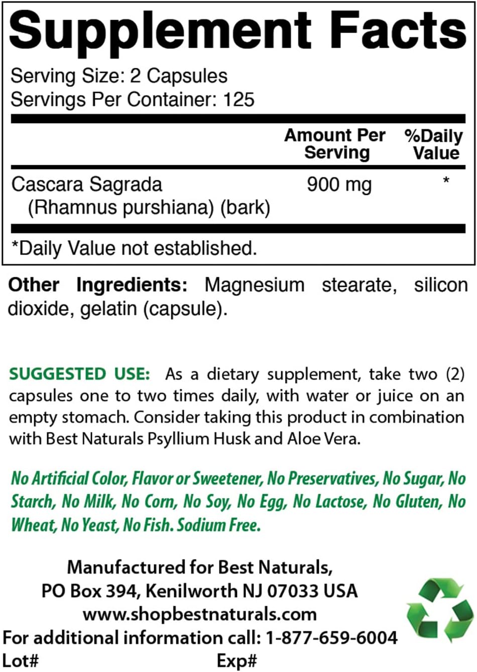 Best Naturals Cascara Sagrada 450 Mg 250 Capsules : Health & Household