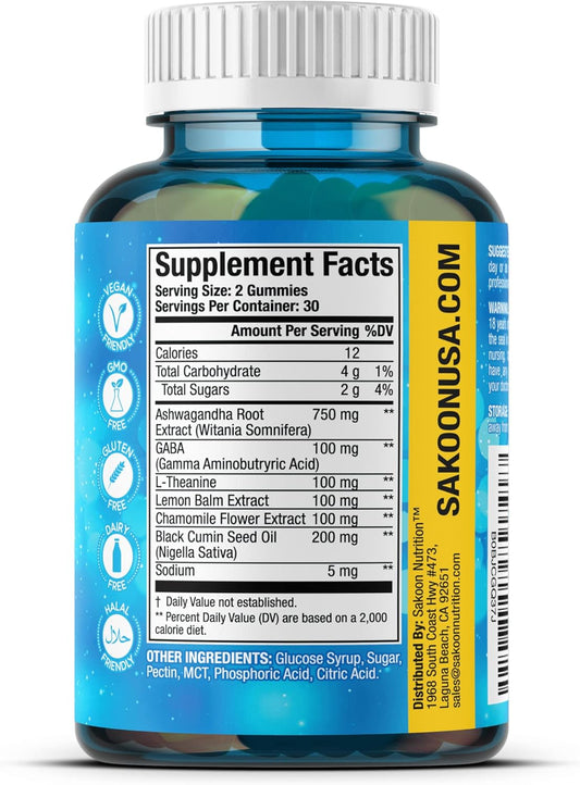 6-in-1 Stress Relief Gummies 60ct - Aids Relaxation with Ashwagandha, GABA, L-theanine, Lemon Balm, Chamomile, Black Cumin Seed Nigella Sativa. Improved Deep Sleep, Joint Pain help - 60 gummies