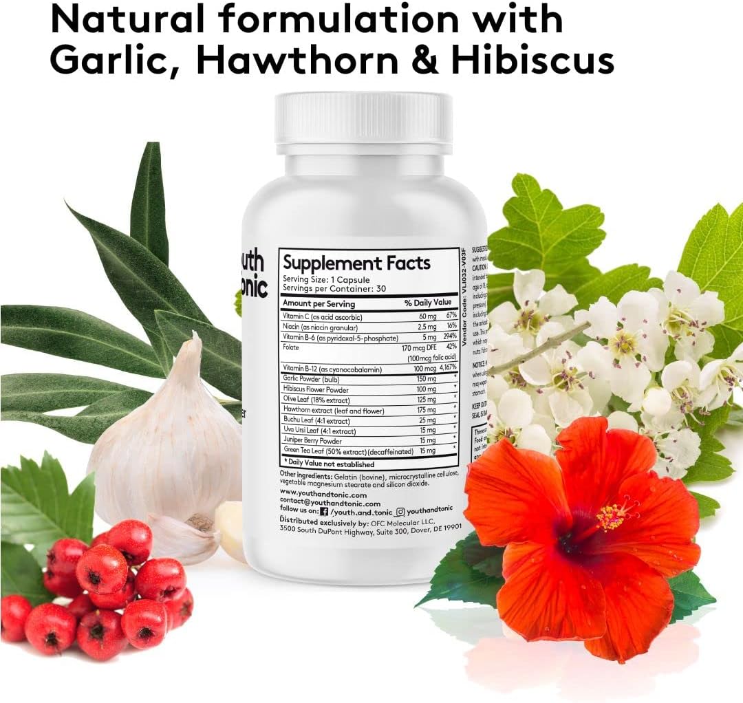 Youth & Tonic Natural Blood Pressure Support Supplement w/Hawthorn Hibiscus & High Potency Diuretic Herbs & Vitamins for Water Retention | 30 BP Capsules to Maintain a Good Health | Women & Men : Health & Household