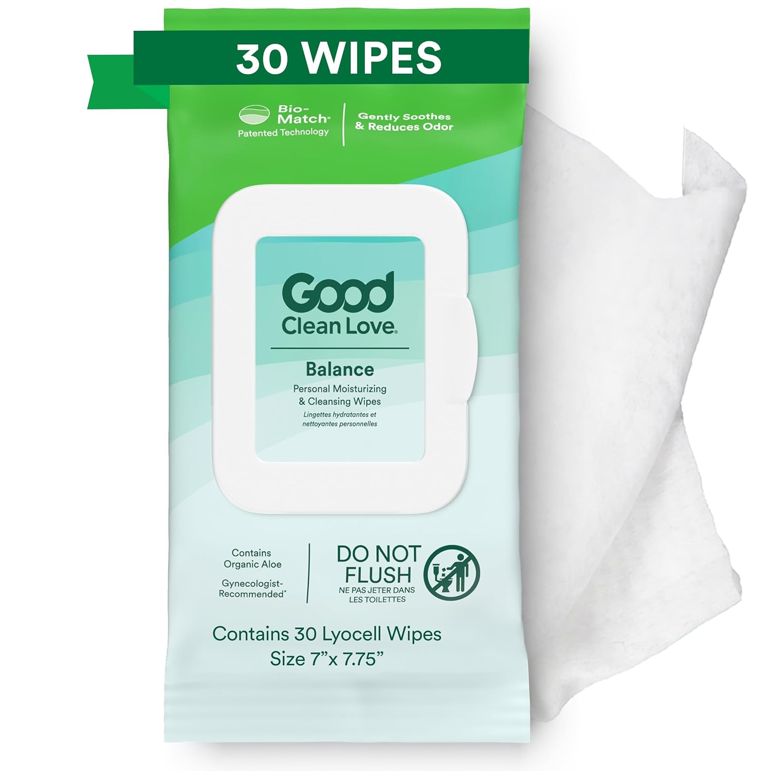Good Clean Love Balance Ph-Balanced Feminine Wipes, Supports Vaginal Health Naturally & Reduces Odor, Non-Irritating Moisturizing & Cleansing Hygiene Product Made With Aloe, Biodegradable (30 Count)