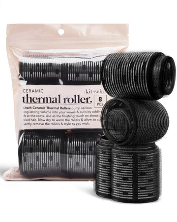 Kitsch Ceramic Thermal Hair Rollers For Women – Self Grip Hair Curlers For Heatless Curls Overnight - Volumizing Large Rollers For Short & Long Hair - For Long Lasting Frizz-Free Curls - Black, 8Pcs