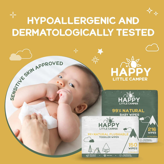 Happy Little Camper Natural Baby Wipes Unscented - Hypoallergenic & Chlorine-Free Wet Wipes With Aloe Vera, Chamomile And Pomegranate Extract - Gentle On Sensitive Skin - 216 Count