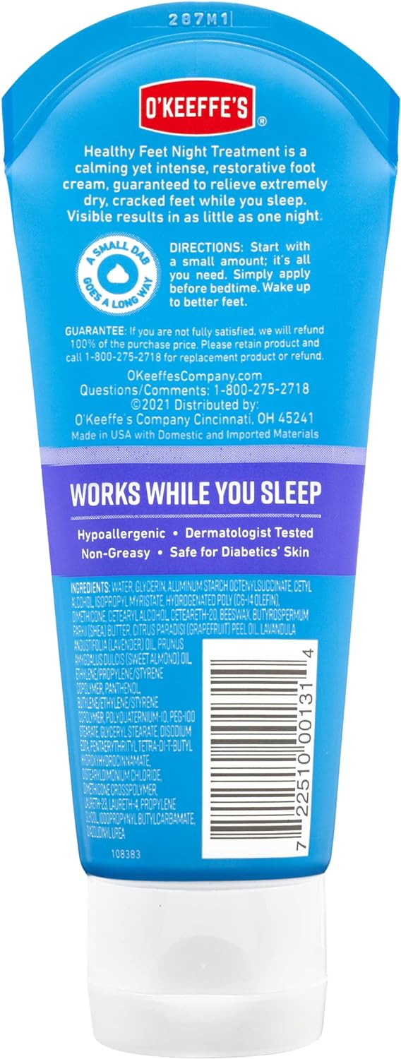 O'Keeffe's for Healthy Feet Night Treatment Foot Cream, Guaranteed Relief for Extremely Dry, Cracked Feet, Visible Results in 1 Night, 3.0 Ounce Tube, (Pack of 1) : Beauty & Personal Care