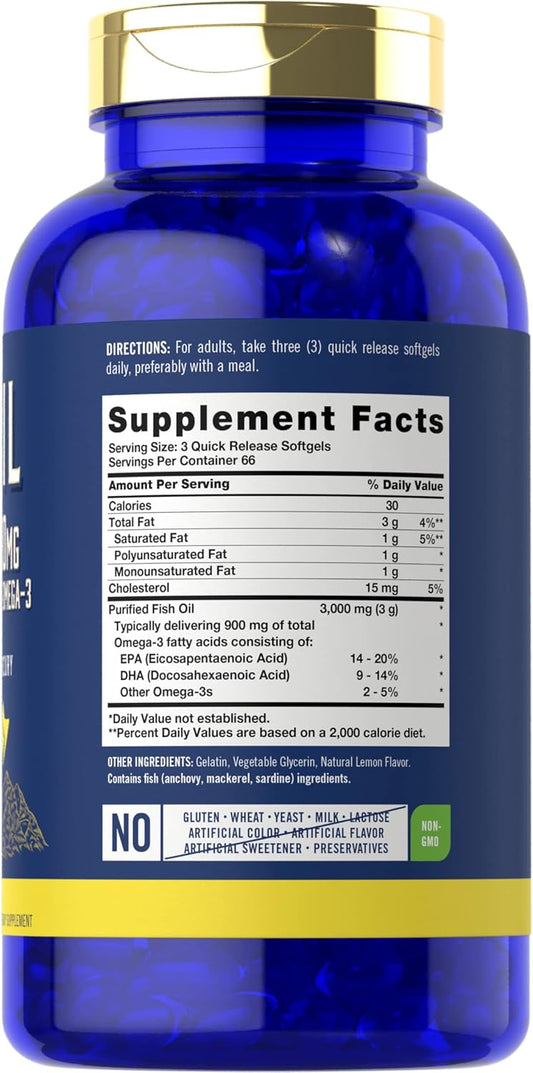 Carlyle Fish Oil 3000Mg | 900Mg Omega 3 | 200 Softgels | Lemon Flavor | Non-Gmo And Gluten Free Supplement