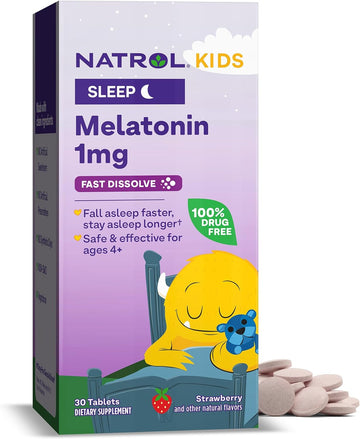 Natrol Kids Fast Dissolve Melatonin 1 Mg, Dietary Supplement For Restful Sleep, Sleep Tablets For Kids, 30 Strawberry-Flavored Melatonin Tablets, 30 Day Supply