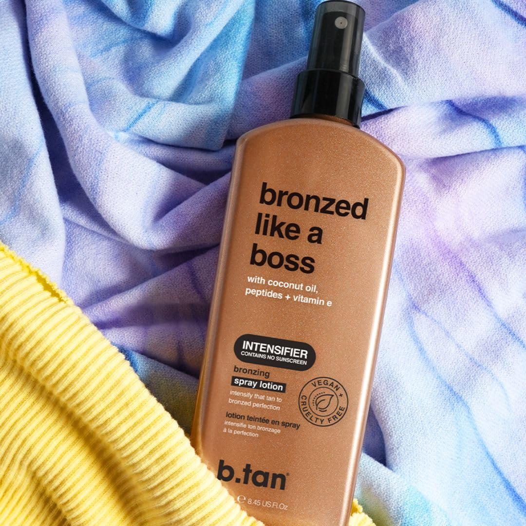 b.tan Sun Tanning Lotion Spray | Bronzed Like a Boss - Intensifier Outdoor Bronzing Spray Lotion, Packed with Coconut Oil, Peptides, & Vitamin E, Vegan Friendly, Cruelty Free, 8.45 Fl Oz