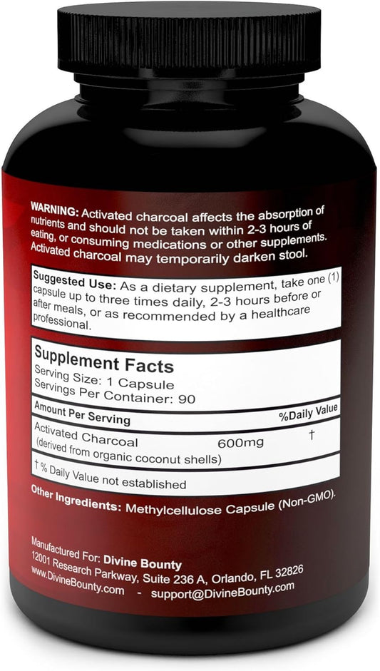 Divine Bounty Organic Activated Charcoal Capsules - 600mg Coconut Charcoal Pills - 90 Veggie Caps