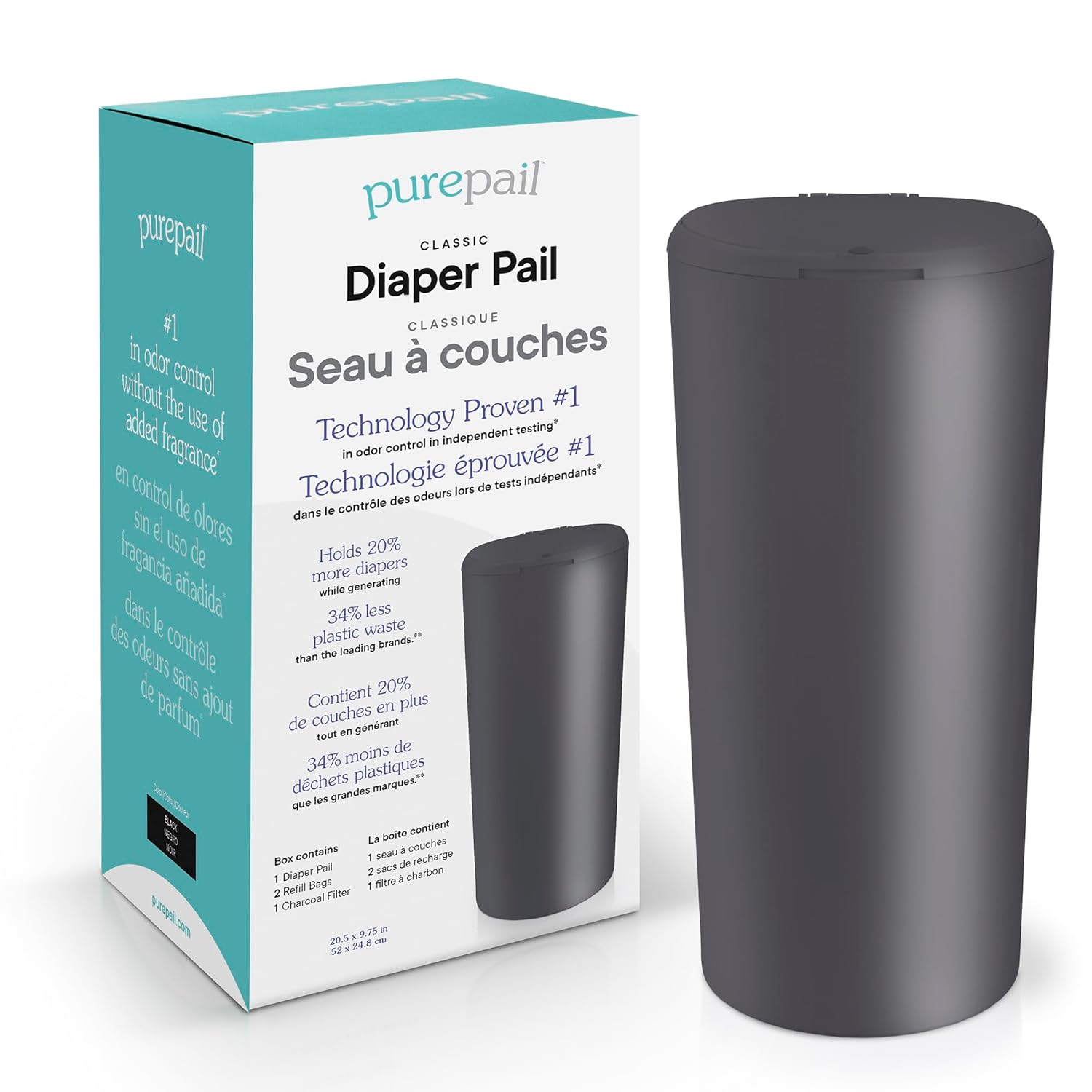 Classic Diaper Pail – Black, Blocks Odors with No Added Fragrance, Holds 20% More Diapers & Generates Less Waste, No Cutting, No Canisters, Includes 1 Pail + 2 Refill Bags + 1 Charcoal Filter