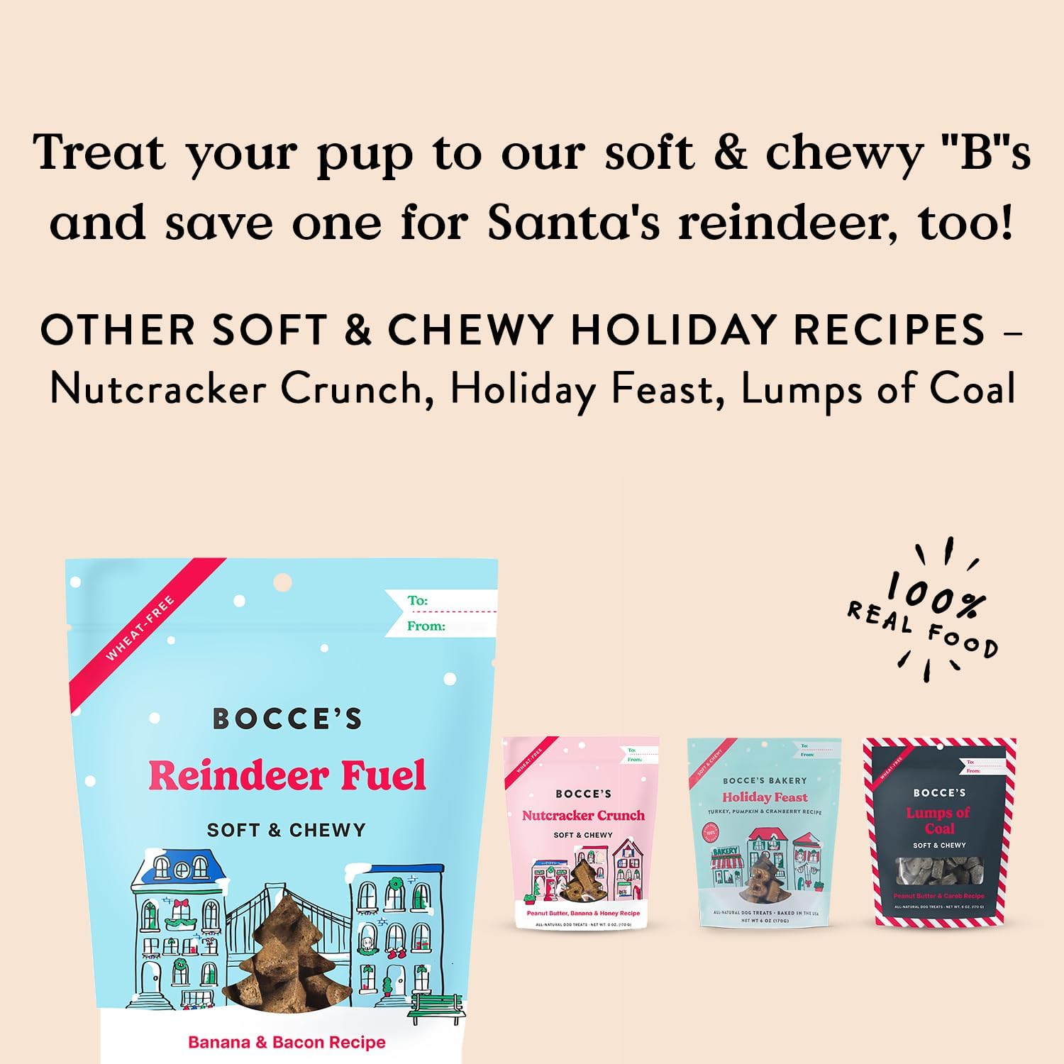 Bocce's Bakery All-Natural, Seasonal, Reindeer Fuel Dog Treats, Wheat-Free, Limited-Ingredient Soft & Chewy Treats Inspired by Christmas, 6 oz Bag : Pet Supplies