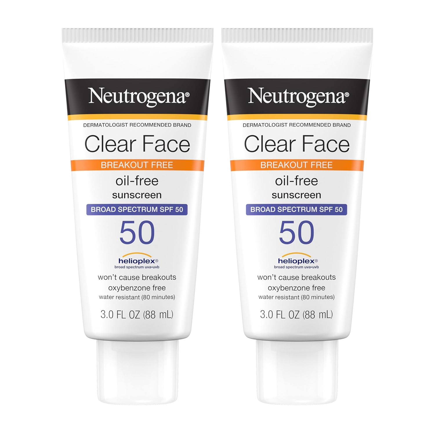 Neutrogena Face Sunscreen Broad Spectrum Spf 50 Clear Face Breakout Free Lotion, Fragrance- & Oxybenzone-Free, Non-Comedogenic, Twin Pack, 2 X 3 Fl. Oz