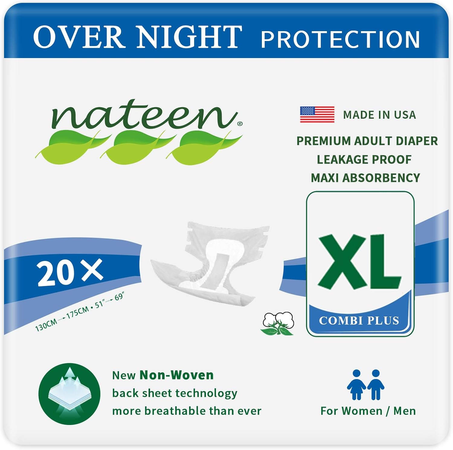 Nateen Combi Maxi Adult Diapers, Unisex Disposable Incontinence Briefs With Tabs For Men And Women,Maximum Absorbency Diaper, Heavy Overnight Leak Protection. Extra-Large, 20Count