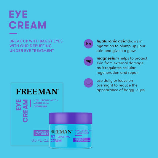 Freeman Restorative Moisturizing & Depuffing Eye Cream + Overnight Leave-On Treatment, For Dull & Tired Eyes, Brightens Undereye Skin, Infused With Magnesium & Hyaluronic Acid, 0.5 Fl.Oz./ 15 Ml Jar