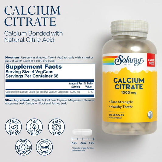 Solaray Calcium Citrate 1000Mg - Chelated Calcium Supplement - Supports Bone Strength And Healthy Teeth - Easy To Digest - 60-Day Guarantee, Vegan - 68 Servings, 275 Vegcaps