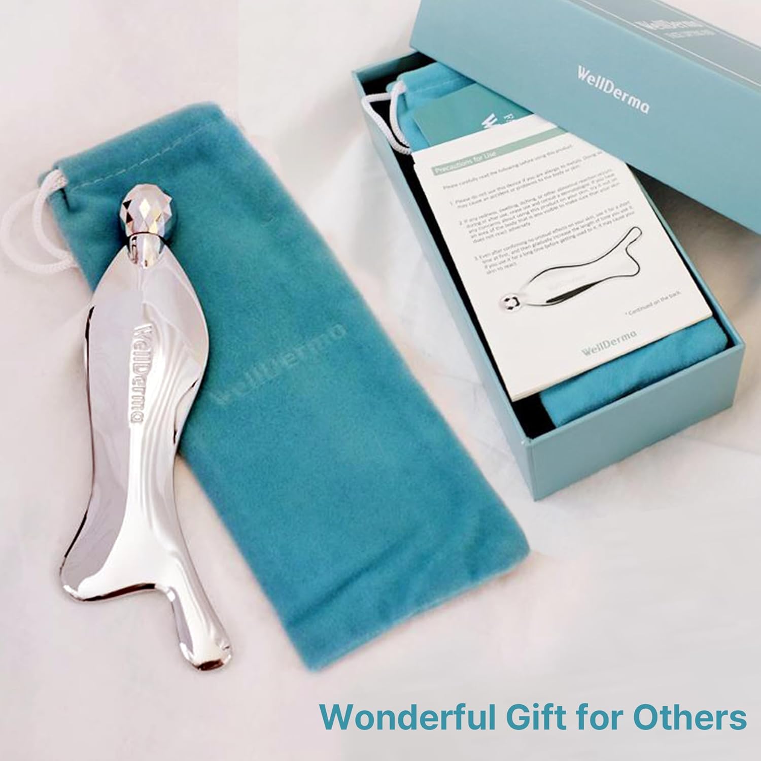 Wellderma Stainless Steel 2 In 1 Gua Sha & Face Roller Metal Tool For Effective Puffiness Reduction, Lymphatic Drainage, And Facial Tension. Durable, Convenient Gua Sha Travel Friendly Pouch