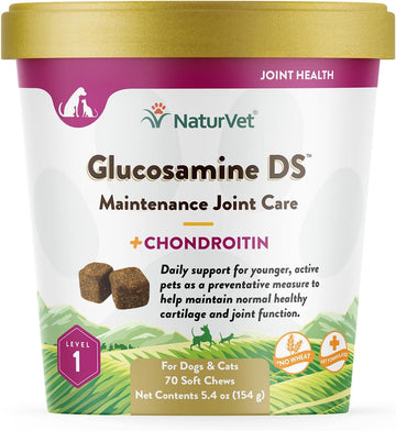 NaturVet Glucosamine DS Level 1 Maintenance, Joint Care Support Supplement for Dogs and Cats, Soft Chews, Made in The USA